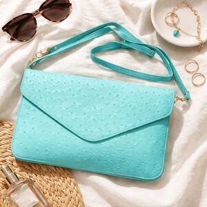 Turquoise Faux Ostrich Textured Clutch Crossbody Envelope Bag Vegan Leather